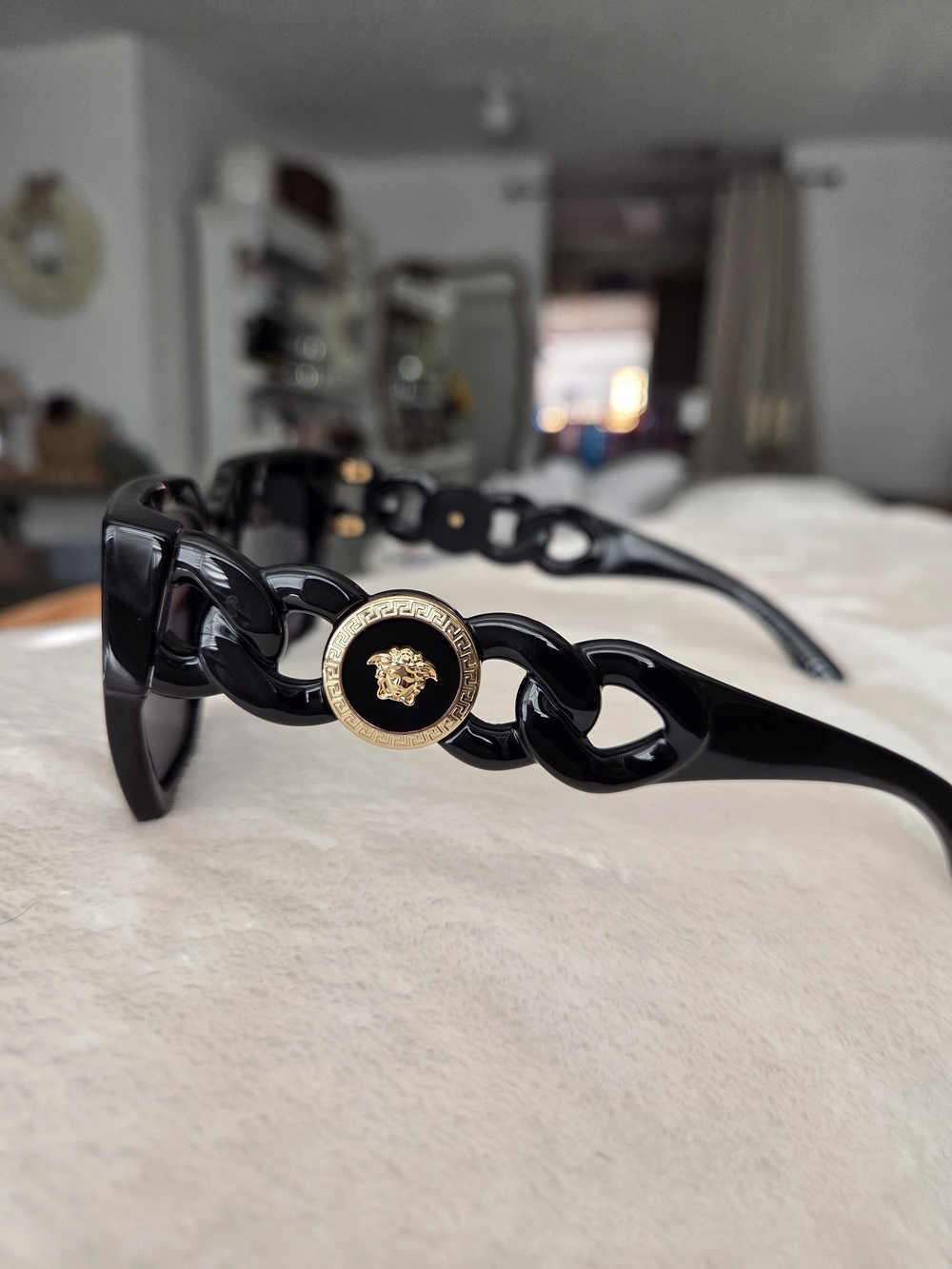 Versace Black Chain-Arm Sunglasses with Gold Medallion